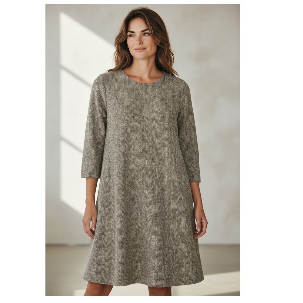 J. Jill Herringbone Shift Dress Womens M Brown 3/4 Sleeve Luxury Academia Preppy